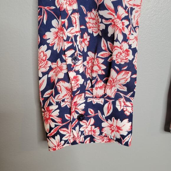 Talbots shirt womens size XL navy blue red floral button up top roll tab sleeves - Picture 6 of 12